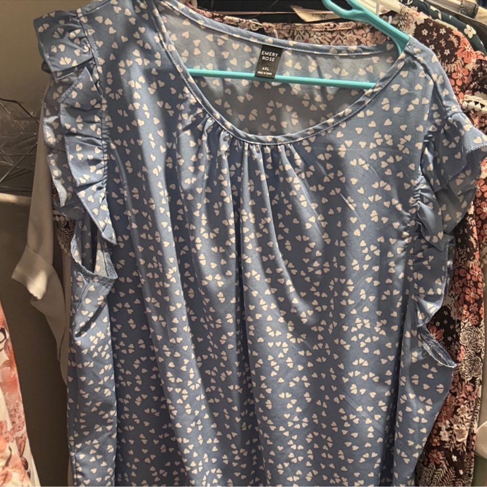 SHEIN Blue Heart Print Ruffle Blouse